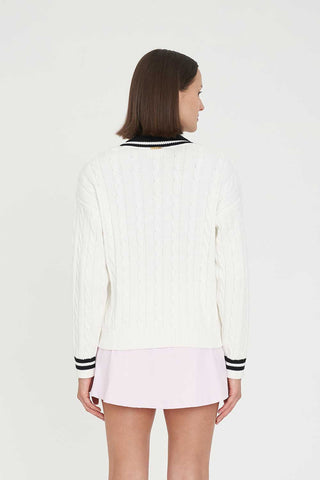 WOMENS V-NECK CABLE KNIT SWEATER CHALK/BLACK