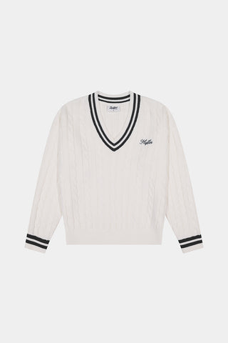 WOMENS V-NECK CABLE KNIT SWEATER CHALK/BLACK