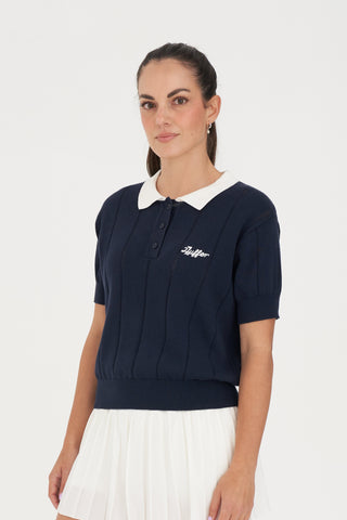 WMNS LINE KNIT POLO NAVY/WHITE