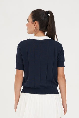 WMNS LINE KNIT POLO NAVY/WHITE