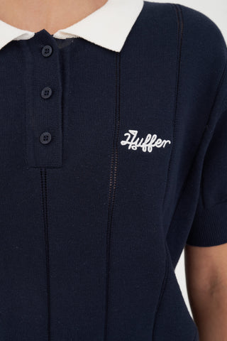 WMNS LINE KNIT POLO NAVY/WHITE
